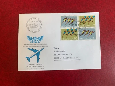 SWITZERLAND HELVETIA 1971 FDC GYMNASTICS RUNNERS AEROFILATELIA FISA BLOCK PICK 1 - Image 1 of 2