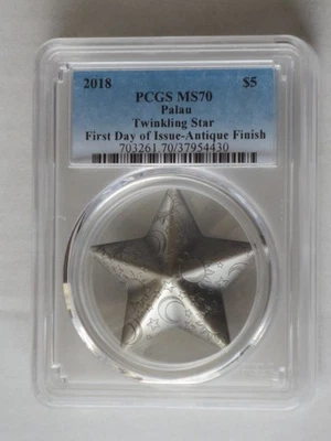 Moneda Palau Twinkling Star 2018 $5 1 oz plata .999 acabado antiguo graduación profesional MS70 FD Foto 1 de 4