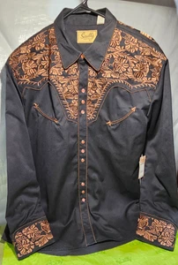 Scully Western Shirt Mens Long Sleeve Embroidered Black Peach Pearl Snap XL - Picture 1 of 11