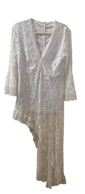 Lace Hi Low Wedding Dress White Long Sleeve Asymmetrical Hem Bridal Gown - Image 1 of 4