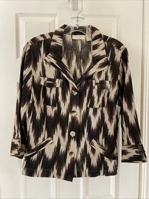 Chicos Botón Precioso Marrón Estampado Animal Manga 3/4 Blusa Chaqueta Talla 0 Lino Foto 1 de 3