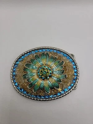 Vintage Western Belt Buckle Blue Green Daisy Enamel Rhinestone Floral Oval - Image 1 of 4