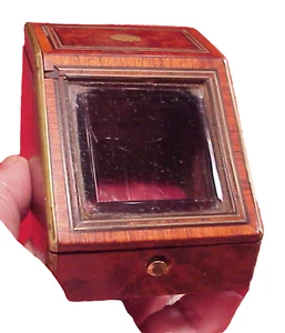 Vintage POCKET WATCH BOX BURL WOOD DISPLAY HOLDER GLASS FRONT SHELF MISSING - Picture 1 of 15