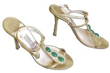 JIMMY CHOO GOLD & GREEN JEWEL EMBELLISHED STRAPPY HEELS: Sz 38