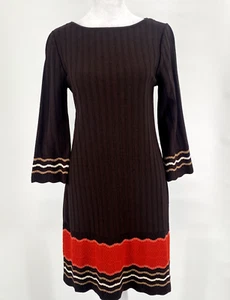 VTG NINE WEST Dress L Brown Multi Stripe Stretch 3/4 Bell Sleeve Mod Boho Y2K - Picture 1 of 17