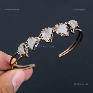 Copper Heart Chakra Pear Natural Rose Quartz Rough Birthday Electroformed Bangle - Picture 1 of 11