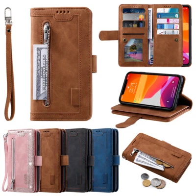 For iPhone 16e/16/15/14/13/12/11 XR SE 8 Zip Leather Wallet Case Card Flip Cover - Image 1 of 4