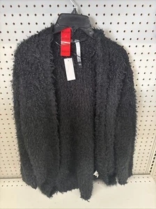 Kensie Cardigan Sweater Womens M Fuzzy Soft Open Front Black Maroon Comfort - Picture 1 of 1