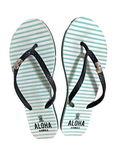 aloha Pineapple Aqua Flip Flops Women 9 - 9.5 Silver Stripes beach vacay resort - Picture 1 of 4