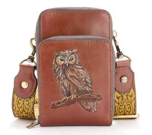 Patricia Nash Leather Shelby Phone Crossbody w/ Guitar Strap Congac w/OWL CUTE!! - Picture 1 of 13