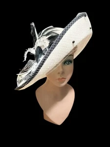 Vintage Miss Bierner Kentucky Derby Church Straw Hat w/ Feather Mesh Detail 21" - Picture 1 of 8