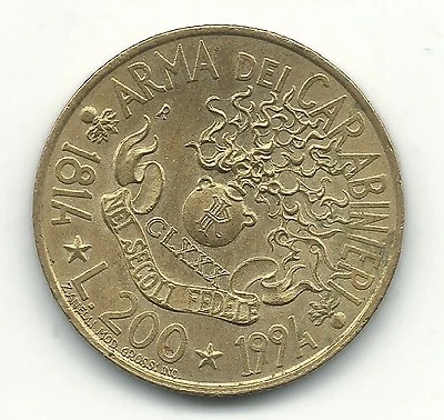 HIGH GRADE AU 1994 ITALY 200 LIRE CARABINIERI COIN-MAY344 - Image 1 of 2