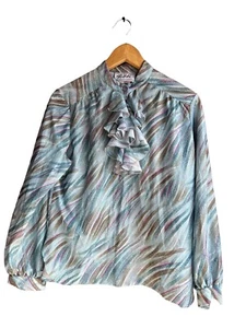 Vintage 70s Blue Psychedelic Secretary Ruffle Neck Lightweight Blouse Size XL - Picture 1 of 7