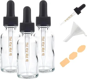 Confezione da 3 bottiglie contagocce in vetro trasparente da 1 oz (30 ml) con misure, - Foto 1 di 6