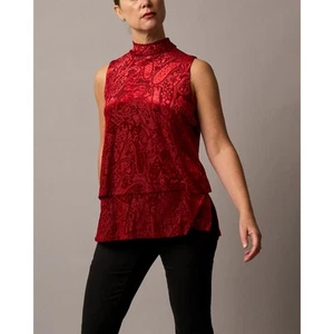 DG2 by Diane Gilman Burnout Velvet Mock Neck Easy Tank Top Cranberry S Neu - Bild 1 von 2