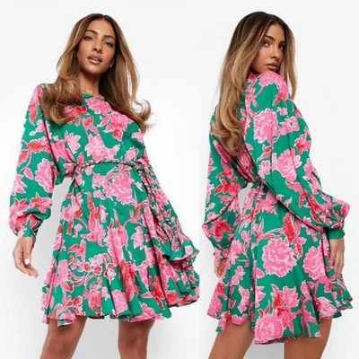 boohoo Floral Godet Detail Belted Skater Dress Womens Size 18 Long Dolman Sleeve - Image 1 of 4