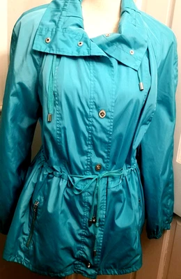 Laura Ashley Large Raincoat Teal Coat Windbreaker Jacket Polyester Zips Button - Image 1 of 4