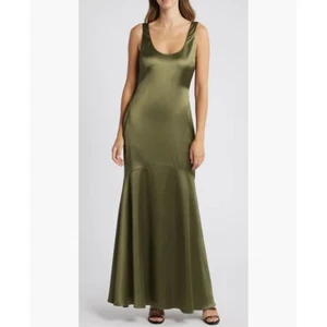 NWT Lulus Enchanting Sophistication Satin Slip Dress Olive Green Maxi Medium - Picture 1 of 8