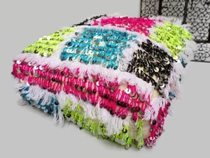 Handmade Moroccan Handira Pouf: Berber Wedding Blanket Ottoman 03YL0464 - Picture 1 of 6