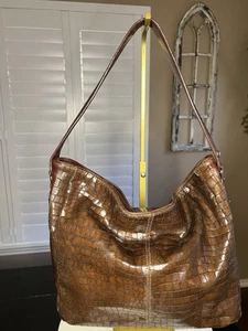 Vintage Donald Pliner Croc Embossed Peace Sign Shoulder Bag-Silver Accents - Picture 1 of 24