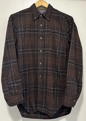 Vintage 60s Pendleton Mens Size S Small Brown Plaid Wool Flannel Work Shirt - Image 1 of 4