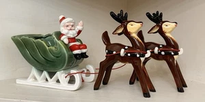 Vtg NAPCO Japan Christmas Santa Sleigh Planter With Two Prancing Reindeer Reigns - Picture 1 of 17