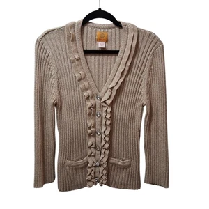 Ruby Rd Gold Metallic Damen gerippter Cadigan Pullover V-Ausschnitt Rüschen Knopfleiste Gr. L - Bild 1 von 12