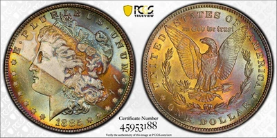 Monster Rainbow Tape/Tab Dual Sided Toned 1885 P Morgan Silver Dollar PCGS MS63 - Image 1 of 4