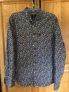 Women's American Eagle EL Button-up Blouse Navy W White Flowers. Long Sleeve - Picture 1 of 10