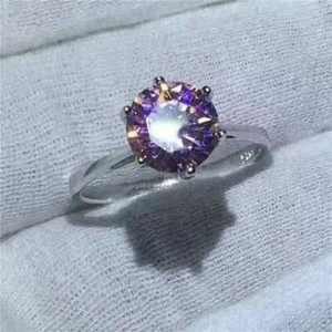 2CT Round-Cut Pink Lab Created Solitaire Engagement Ring 14K White Gold Plated - Picture 1 of 8