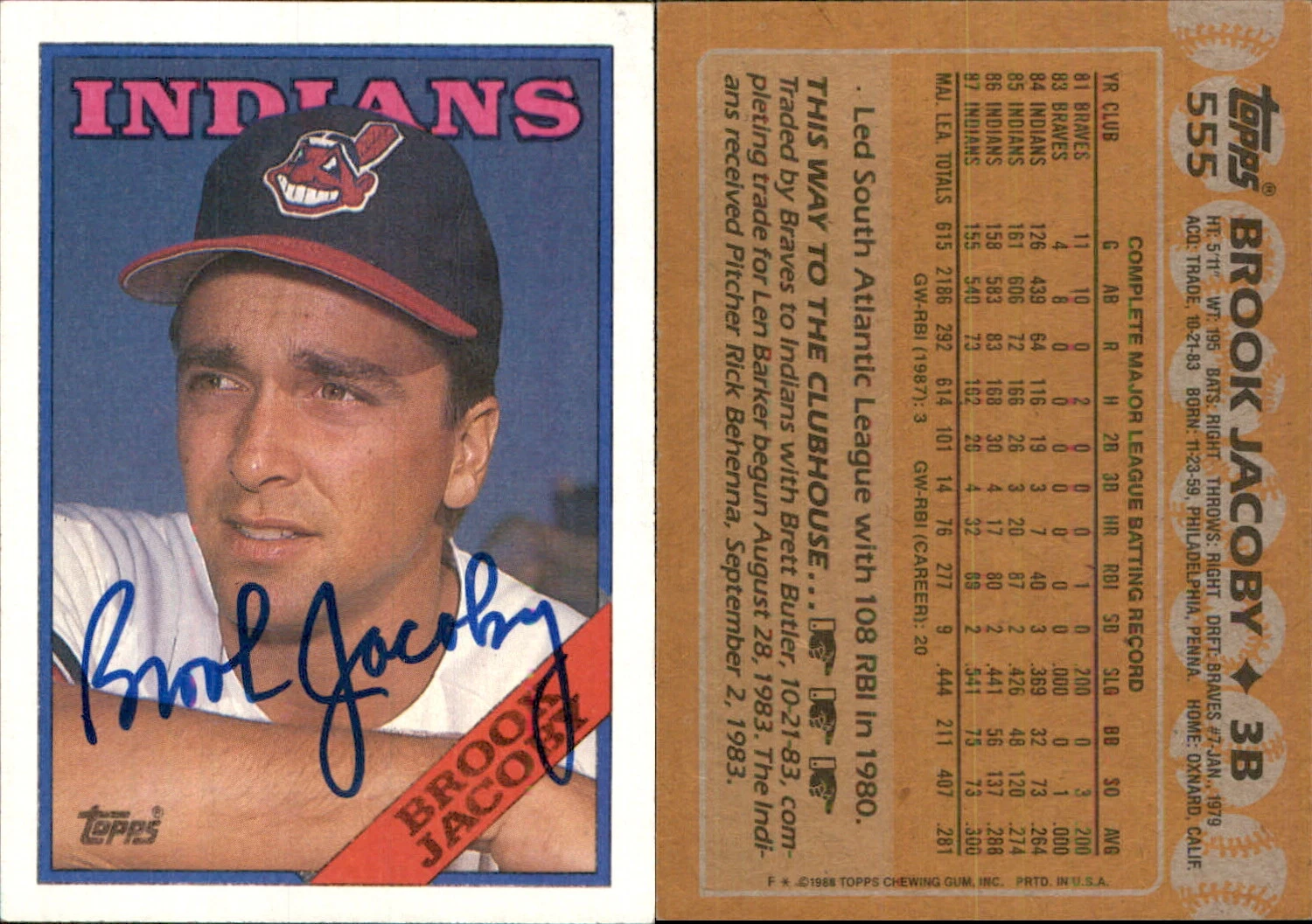 Brook Jacoby Signed 1988 Topps #555 Card Cleveland Indians Auto AU