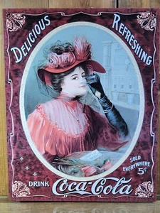 VTG Coca-Cola Coke Metal Tin Drink Soda Pop Retro Sign Coke Victorian Red Dress - Picture 1 of 7