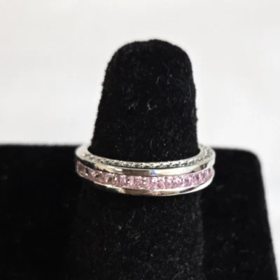 Auténtico Anillo Banda Gema Rosa Brillante Plata de Ley 925 Talla 6 Foto 1 de 4