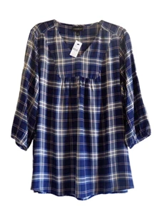 NWT's Lane Bryant Women's Blue Plaid Peasant V-Neck Top Blouse SZ 14 - Picture 1 of 4
