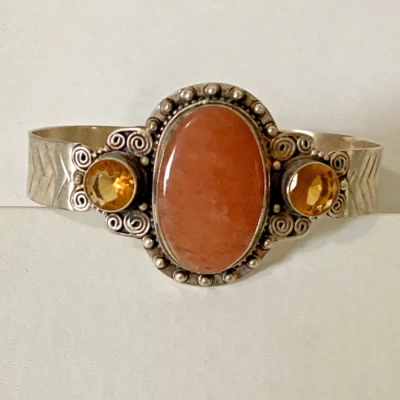 Cornalina y citrino naranja estilo Bali plata de ley 925 7,5 pulgadas Pulsera brazalete Foto 1 de 4