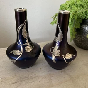 Pair Art Nouveau Iridescent Glass Vases with Silver Overlay Pallme-König & Habel - Picture 1 of 18