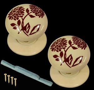 1 Pair Cream Porcelain Mortice Door Knob Set Maroon Dahlia Design - Picture 1 of 1