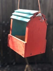 Handmade Rustic Red and Green Wooden Bird Feeder - Picture 1 of 8