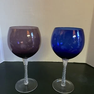 Wine Glasses Latticino Venetian Swirl Stem Art Glass Hand Blown Cobalt Amethyst - Picture 1 of 9