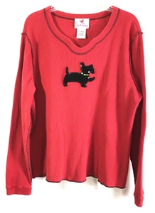 Quacker Factory Top Long Sleeve Scottish Terrier Dog Embroidery Rd Women Size XL - Picture 1 of 10