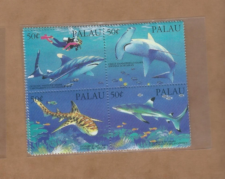 Palau: Scott 315 bloque de 4 (tiburones) MNH Foto 1 de 1
