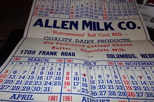 Vintage Allen Milk Poster Kalender Frank Road Columbus Nebraska Dairy 1961 - Bild 1 von 4