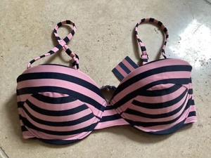 JACK WILLS MARCHISON BIKINI CUP TOP BRAND NEW SIZE 32D PINK NAVY STRIPE - Picture 1 of 3
