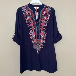 NWT Luna Moon Women S Embroidered Tunic Top Floral Shirt Boho Blouse Hippie Navy - Picture 1 of 10