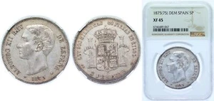 Spain 1875 DEM 5 Pesetas Silver NGC XF 45 - Picture 1 of 1