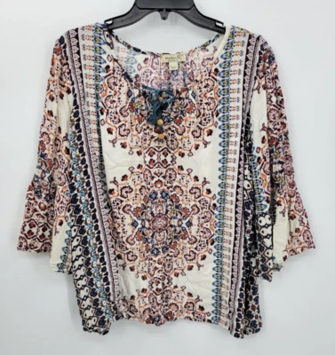 One World Top Womens Plus 1X Colorful Boho Aztec Artsy Popover Stretch Blouse - Image 1 of 4
