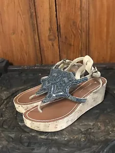 Anthropologie Free People Silver Bead Cork Platform Wedge Thong Sandals Sz 6.5  - Bild 1 von 9