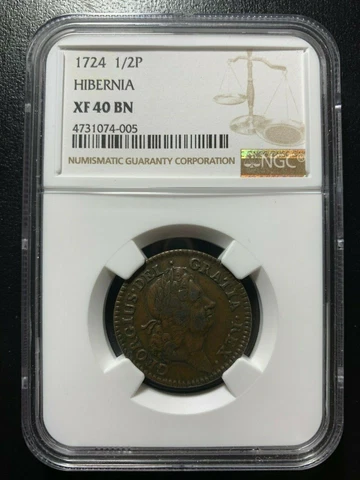 1724 Wood's Hibernia 1/2P NGC XF40 Colonial Copper EAC Choice Halfpenny Farthing Cover