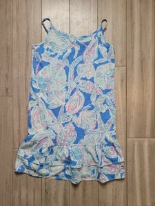 Lilly Pulitzer Mädchen Größe 12-14 XL Baumwolle Rüschen Kleid blau rosa tropisch - Bild 1 von 7