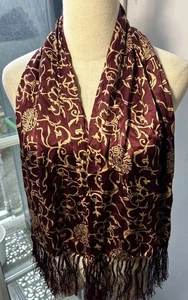 100% Silk Mulberry Burgundy Gold Tasselled Scarf / Cravat - 28cm x 135cm - Picture 1 of 6